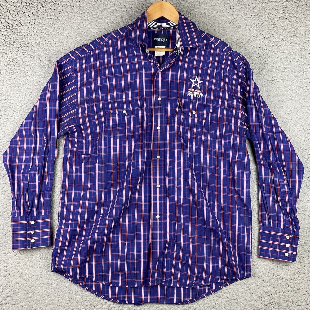 Wrangler Mens National Patriot Shirt Long Sleeve Blue Plaid Western Rodeo L